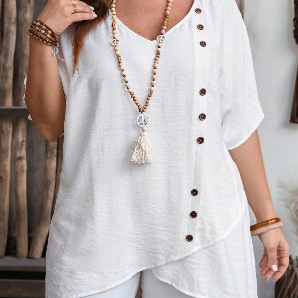 NWOT EMERY ROSE V-Neck Button Summer Blouse White 2X Layered Wrap Asymmetrical